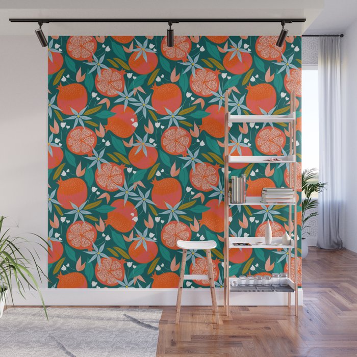 Summer Pomegranate, Tropical Fruit Illustration, Colorful Eclectic Bohemian Juicy Summer Botanical Wall Mural Gallery Image 1