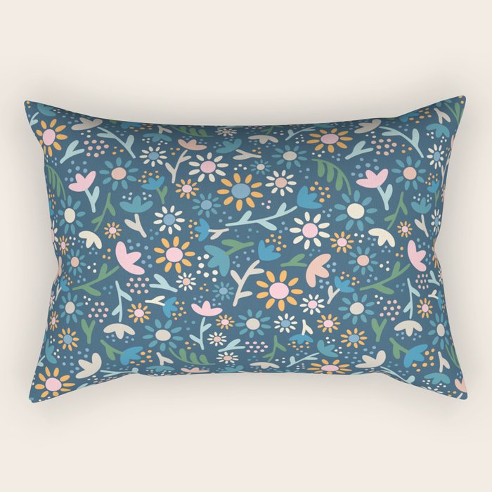 Ditsy Daisy Floral on Blue Rectangular Pillow Gallery Image 1