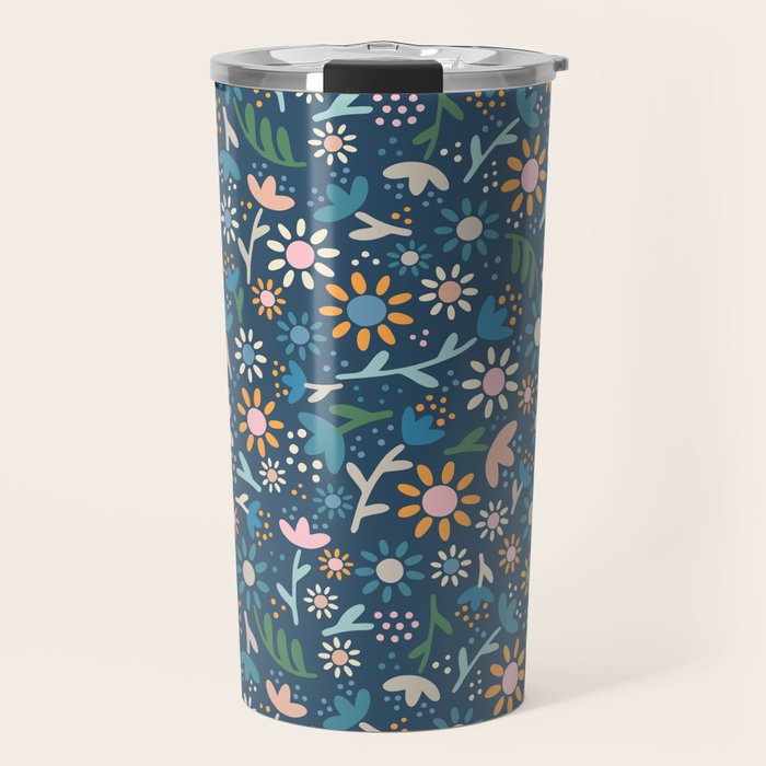 Ditsy Daisy Floral on Blue Travel Mug Gallery Image 1