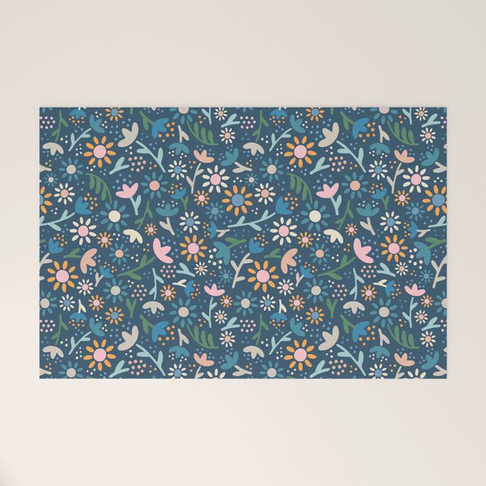 Ditsy Daisy Floral on Blue Welcome Mat Gallery Image 1