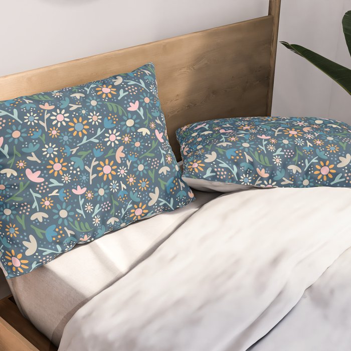 Ditsy Daisy Floral on Blue Pillow Sham Gallery Image 2