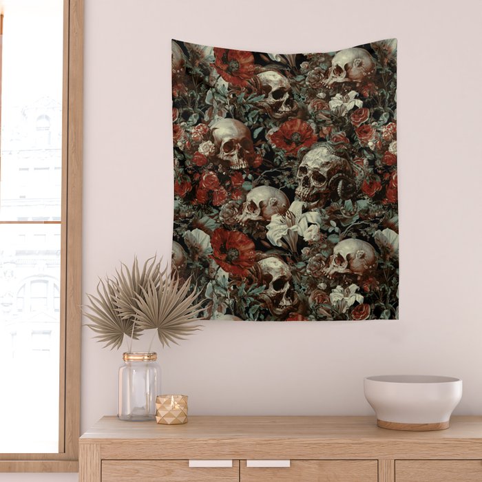 Skull and Floral Pattern Wall Tapestry Gallery Image 2