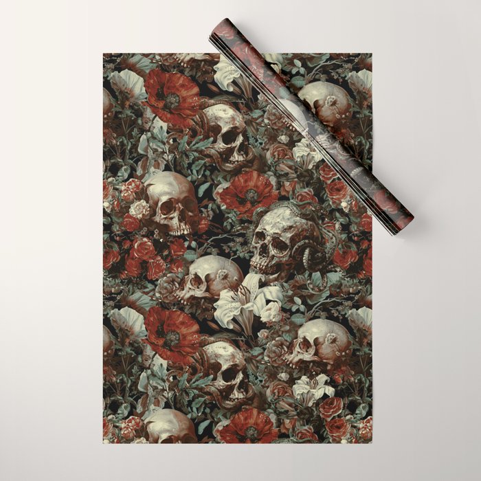 Skull and Floral Pattern Wrapping Paper Gallery Image 1