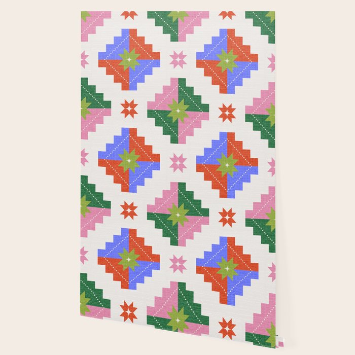 Festive Quilted Starburst Pattern - Vibrant Holiday Design Wallpaper Gallery Image 2