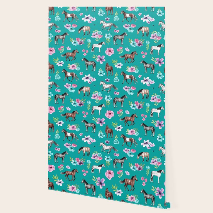 Horses and Flowers, Turquoise, Horse Decor, Horse Art, Western Decor Wallpaper Gallery Image 2