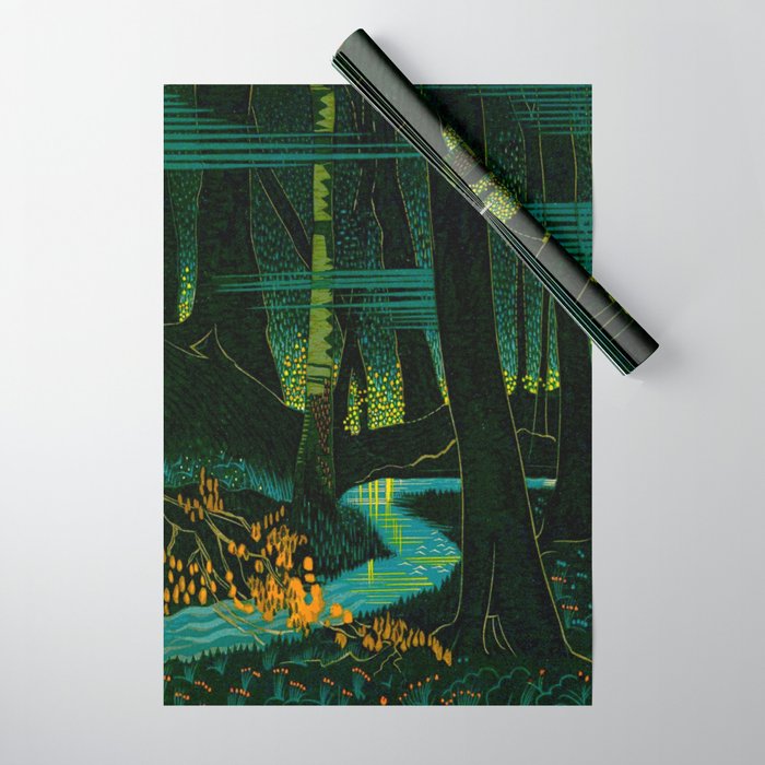 Magical Dark Fantasy Forest Woodblock Wrapping Paper Gallery Image 1