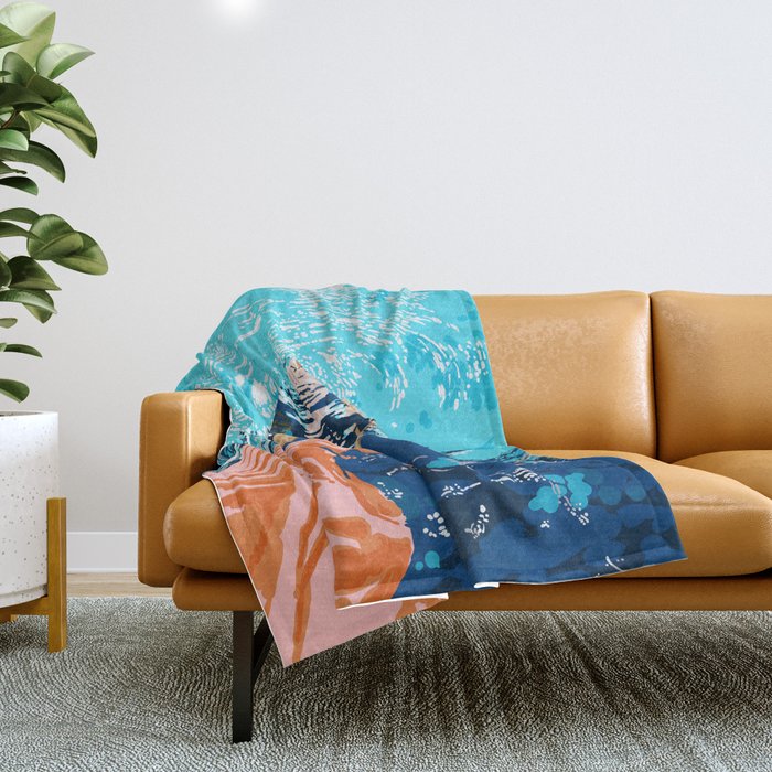 Take Me Where The Waves Kiss My Feet, Eclectic Nature River Woman Colorful Water Coral Bohemian Throw Blanket Gallery Image 1