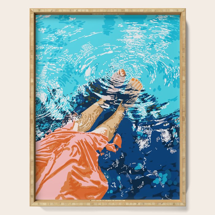 Take Me Where The Waves Kiss My Feet, Eclectic Nature River Woman Colorful Water Coral Bohemian Serving Tray Gallery Image 1