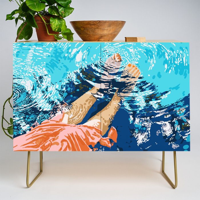 Take Me Where The Waves Kiss My Feet, Eclectic Nature River Woman Colorful Water Coral Bohemian Credenza Gallery Image 1