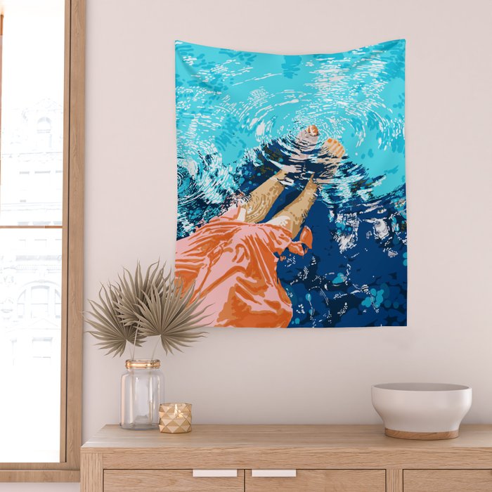 Take Me Where The Waves Kiss My Feet, Eclectic Nature River Woman Colorful Water Coral Bohemian Wall Tapestry Gallery Image 2