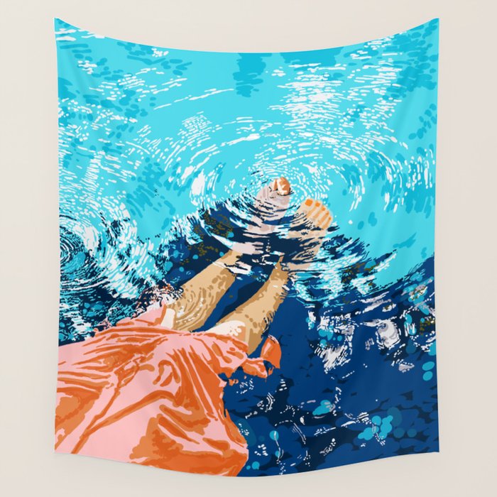 Take Me Where The Waves Kiss My Feet, Eclectic Nature River Woman Colorful Water Coral Bohemian Wall Tapestry Gallery Image 1