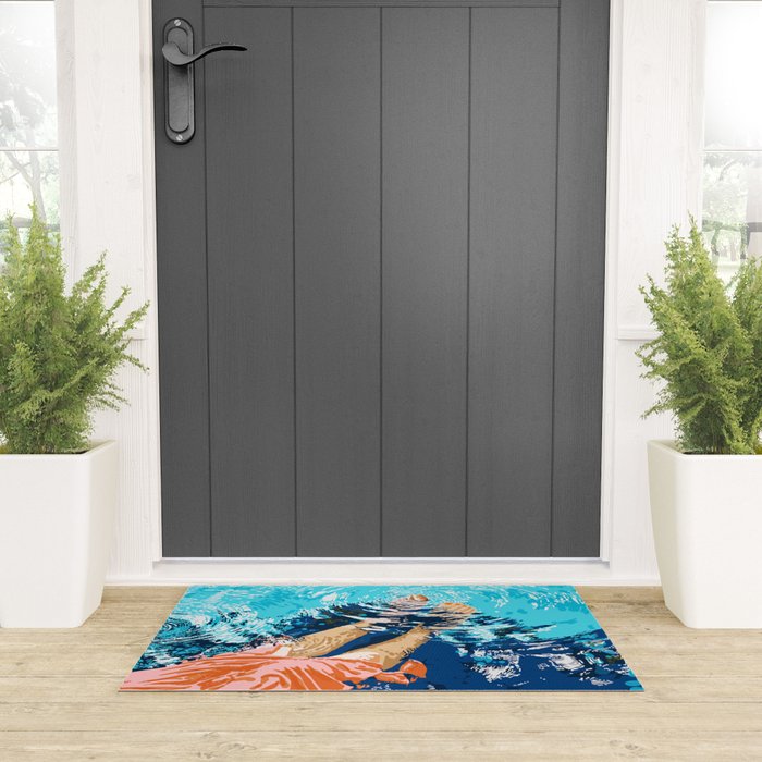 Take Me Where The Waves Kiss My Feet, Eclectic Nature River Woman Colorful Water Coral Bohemian Welcome Mat Gallery Image 3