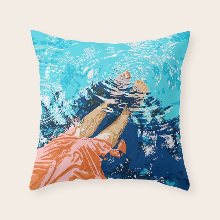 Take Me Where The Waves Kiss My Feet, Eclectic Nature River Woman Colorful Water Coral Bohemian Throw Pillow Gallery Image 1