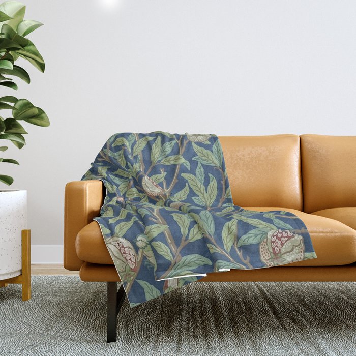 William Morris Bird and Pomegranate Detail Blue Sage Throw Blanket Gallery Image 1