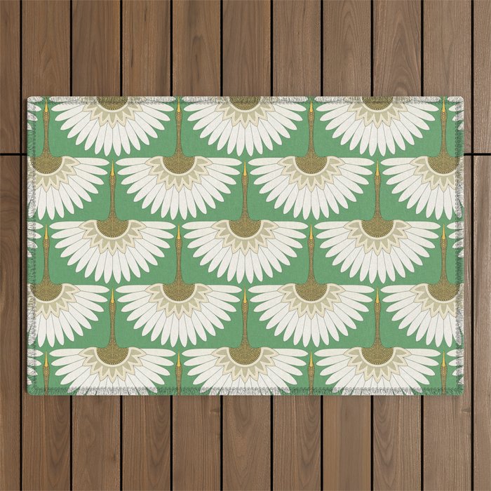 art deco cranes green Outdoor Rug Gallery Image 1