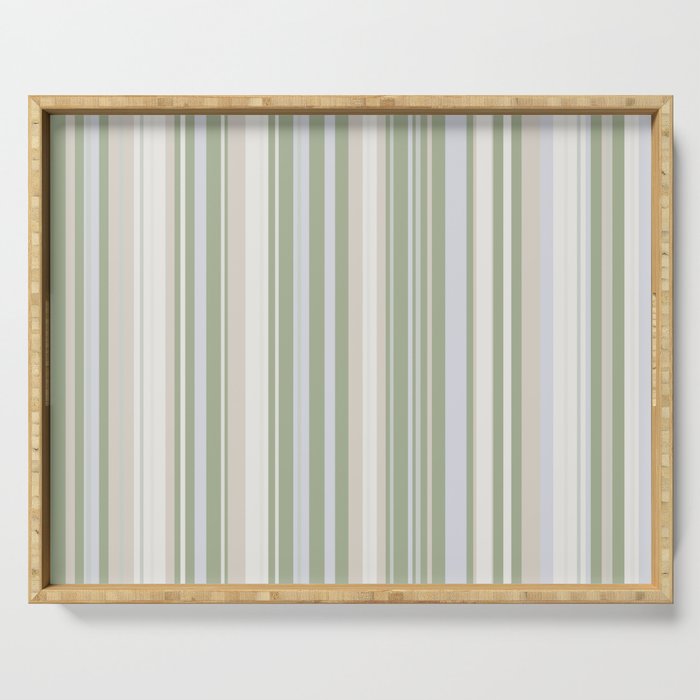 Sage Stripes - Vertical Striped Pattern in Sage Green, Almond Beige, Pale Gray, and Cream Serving Tray Gallery Image 1