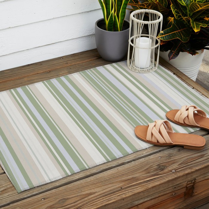 Sage Stripes - Vertical Striped Pattern in Sage Green, Almond Beige, Pale Gray, and Cream Outdoor Rug Gallery Image 2