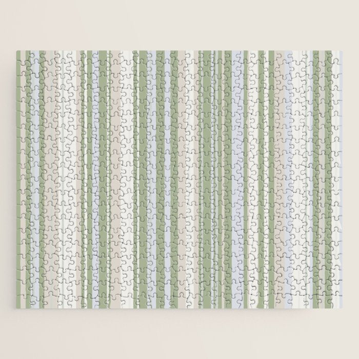 Sage Stripes - Vertical Striped Pattern in Sage Green, Almond Beige, Pale Gray, and Cream Jigsaw Puzzle Gallery Image 1