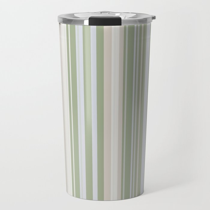 Sage Stripes - Vertical Striped Pattern in Sage Green, Almond Beige, Pale Gray, and Cream Travel Mug Gallery Image 1