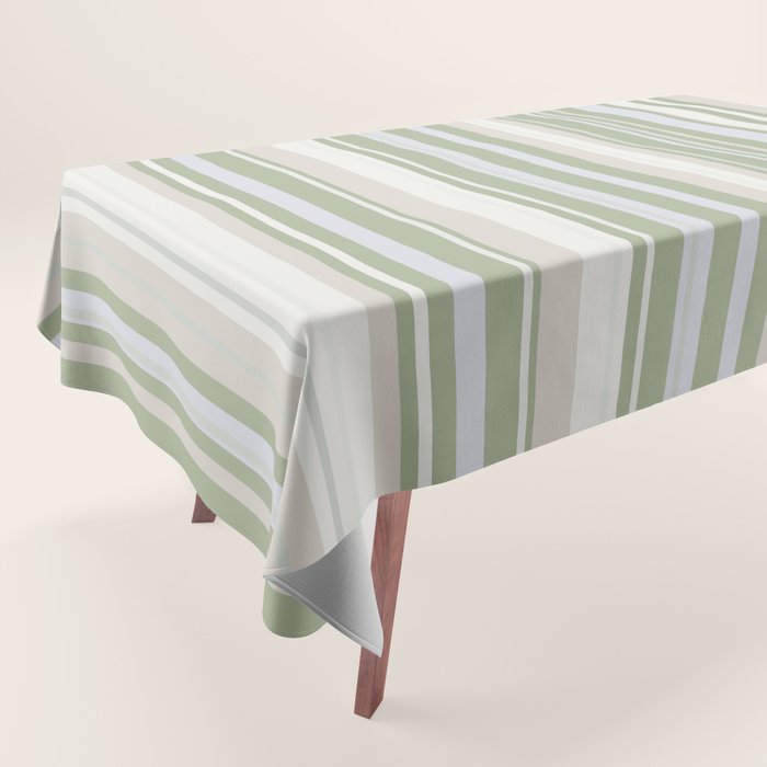 Sage Stripes - Vertical Striped Pattern in Sage Green, Almond Beige, Pale Gray, and Cream Tablecloth Gallery Image 1