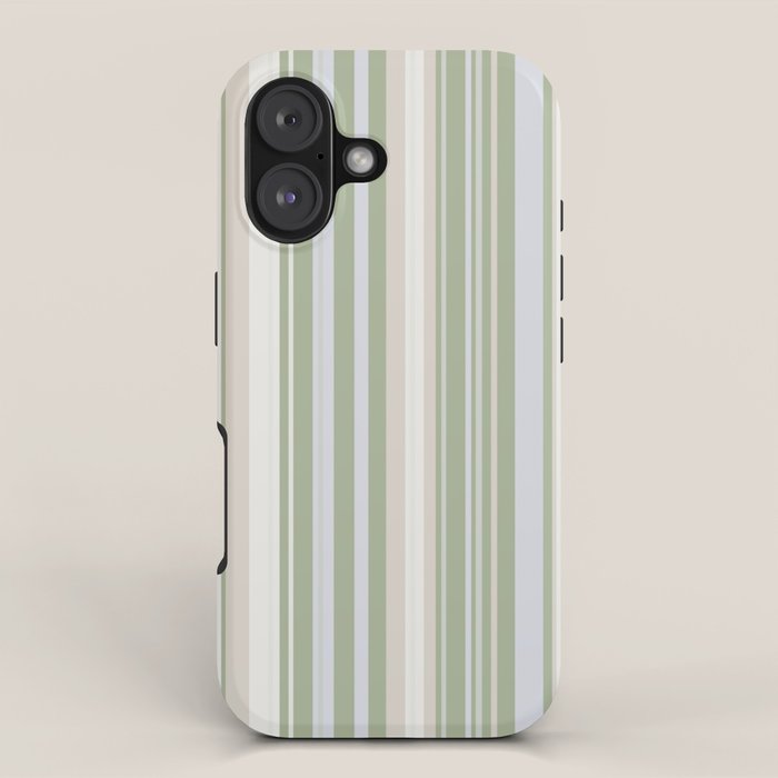 Sage Stripes - Vertical Striped Pattern in Sage Green, Almond Beige, Pale Gray, and Cream iPhone Case Gallery Image 1