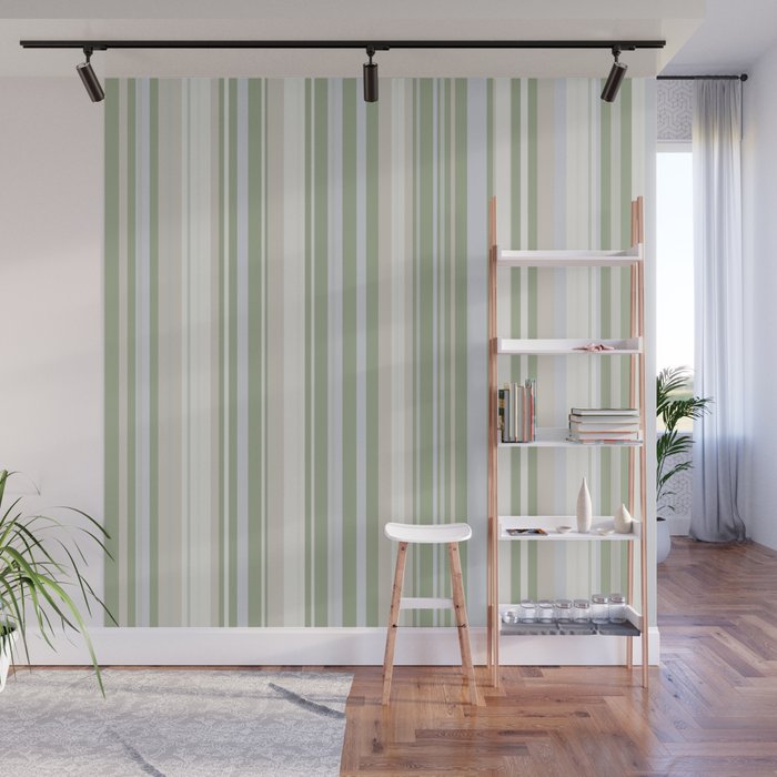 Sage Stripes - Vertical Striped Pattern in Sage Green, Almond Beige, Pale Gray, and Cream Wall Mural Gallery Image 1