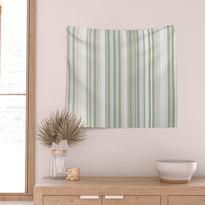 Sage Stripes - Vertical Striped Pattern in Sage Green, Almond Beige, Pale Gray, and Cream Wall Tapestry Gallery Image 2