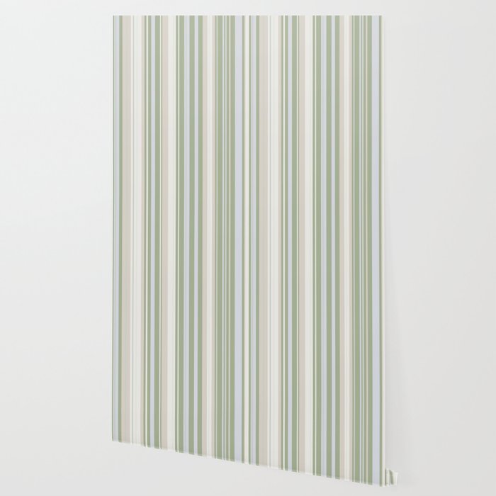 Sage Stripes - Vertical Striped Pattern in Sage Green, Almond Beige, Pale Gray, and Cream Wallpaper Gallery Image 2