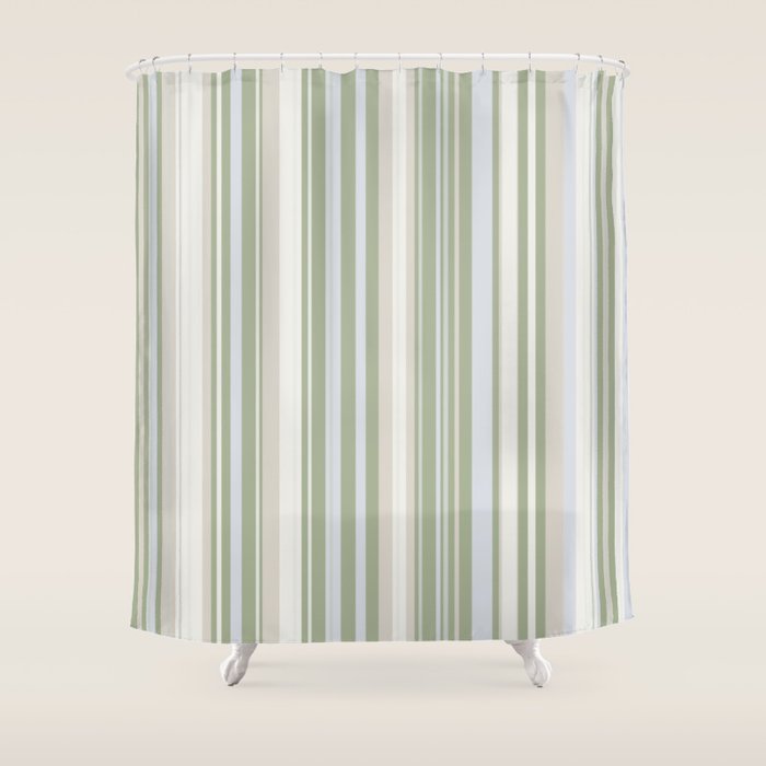 Sage Stripes - Vertical Striped Pattern in Sage Green, Almond Beige, Pale Gray, and Cream Shower Curtain Gallery Image 1