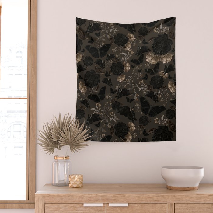 Maximalist Dark Moody Gothic Girl Flowers And Moths Wall Tapestry Gallery Image 2