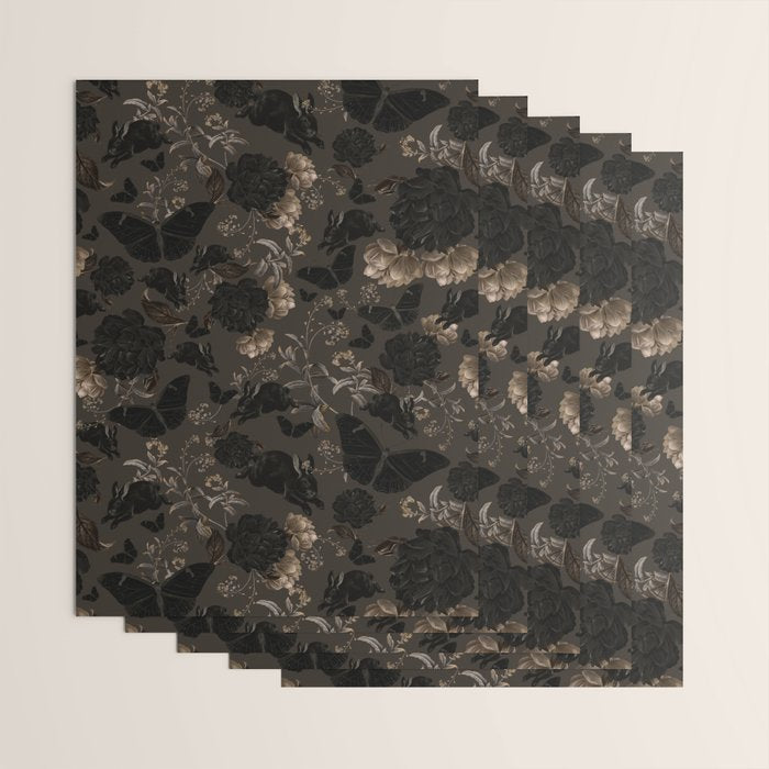 Maximalist Dark Moody Gothic Girl Flowers And Moths Wrapping Paper Gallery Image 3