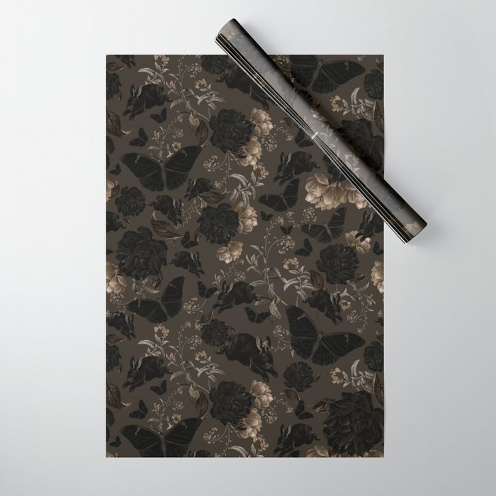 Maximalist Dark Moody Gothic Girl Flowers And Moths Wrapping Paper Gallery Image 1