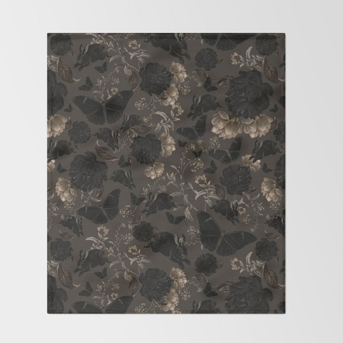 Maximalist Dark Moody Gothic Girl Flowers And Moths Throw Blanket Gallery Image 2