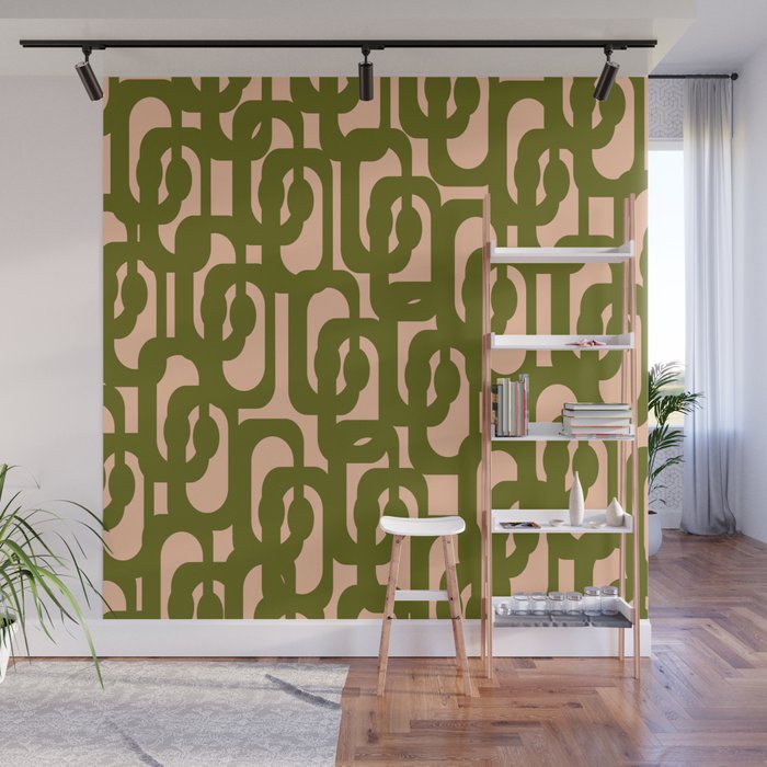 Mid Century Modern Loops Pattern in Deep Olive Green and Blush Peach Pink Wall Mural Gallery Image 1