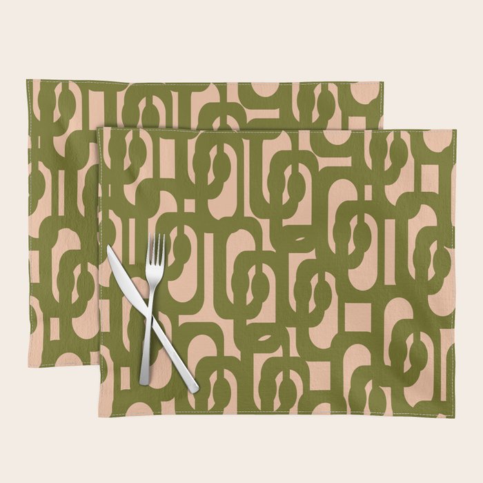 Mid Century Modern Loops Pattern in Deep Olive Green and Blush Peach Pink Placemat Gallery Image 1