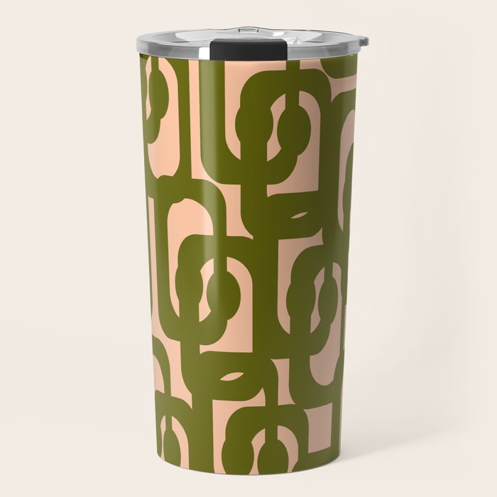 Mid Century Modern Loops Pattern in Deep Olive Green and Blush Peach Pink Travel Mug Gallery Image 1