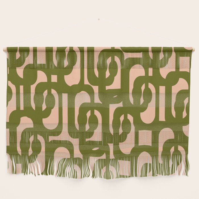 Mid Century Modern Loops Pattern in Deep Olive Green and Blush Peach Pink Wall Hanging Gallery Image 1