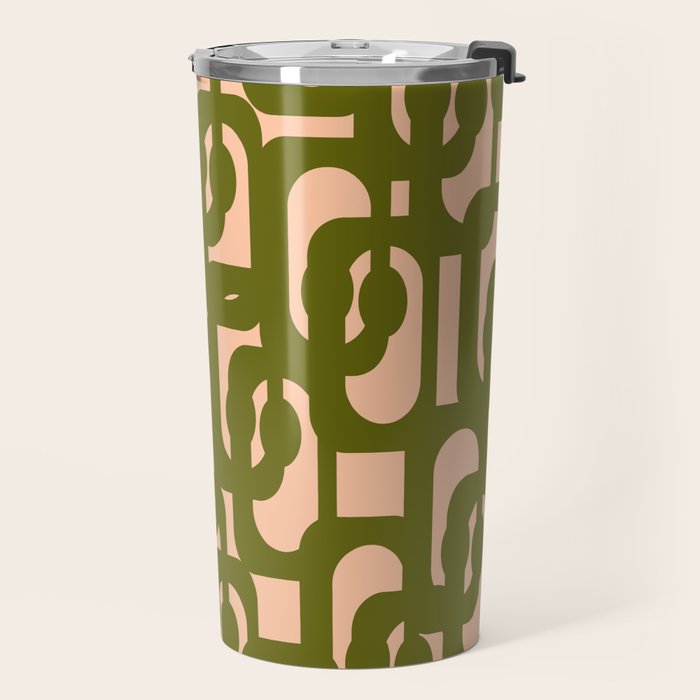 Mid Century Modern Loops Pattern in Deep Olive Green and Blush Peach Pink Travel Mug Gallery Image 2