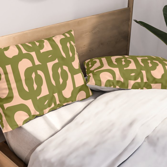 Mid Century Modern Loops Pattern in Deep Olive Green and Blush Peach Pink Pillow Sham Gallery Image 2