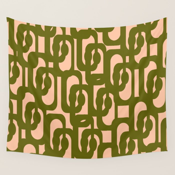 Mid Century Modern Loops Pattern in Deep Olive Green and Blush Peach Pink Wall Tapestry Gallery Image 1