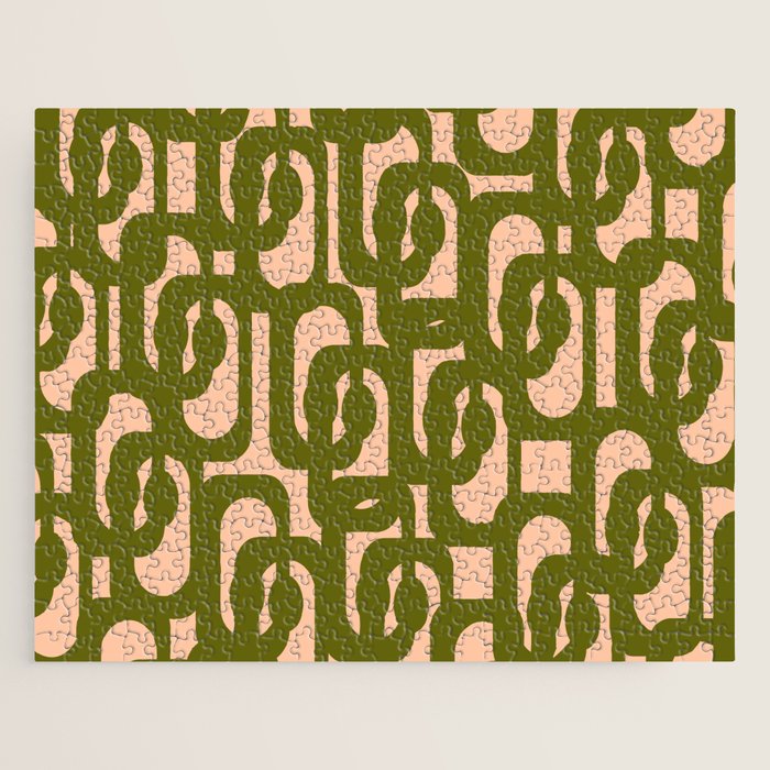 Mid Century Modern Loops Pattern in Deep Olive Green and Blush Peach Pink Jigsaw Puzzle Gallery Image 1