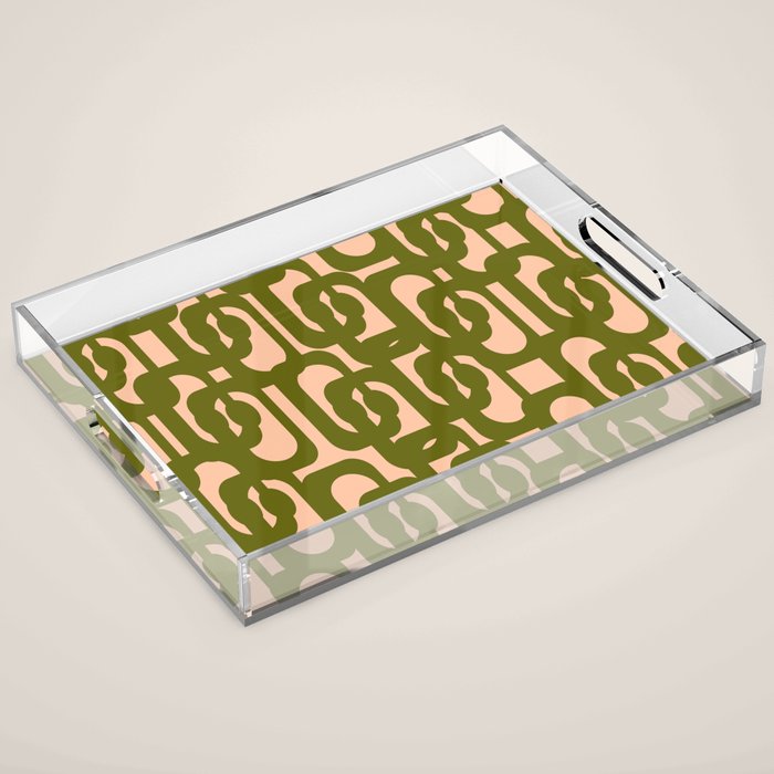 Mid Century Modern Loops Pattern in Deep Olive Green and Blush Peach Pink Acrylic Tray Gallery Image 1