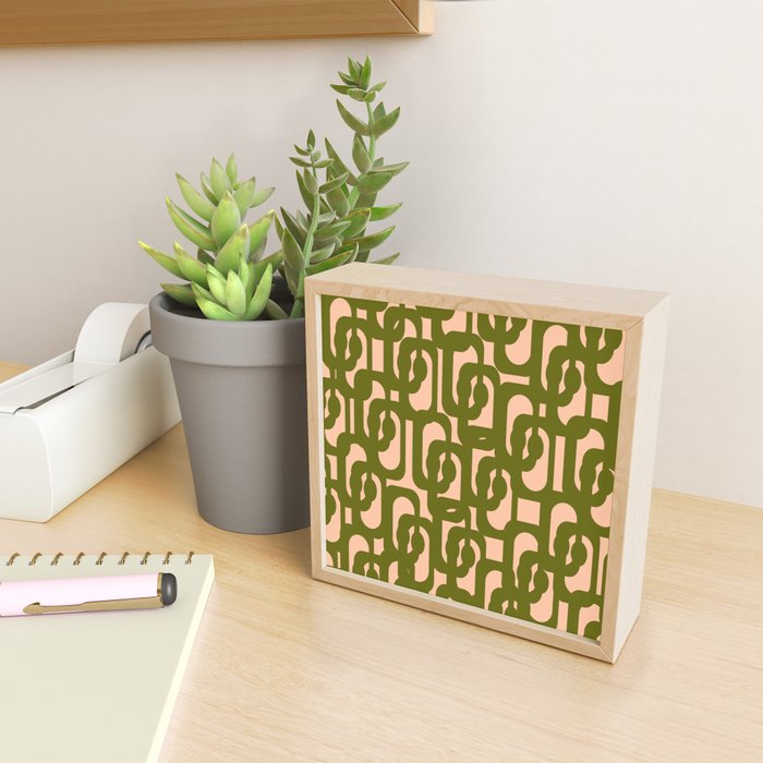 Mid Century Modern Loops Pattern in Deep Olive Green and Blush Peach Pink Mini Art Print Gallery Image 2