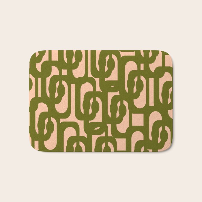 Mid Century Modern Loops Pattern in Deep Olive Green and Blush Peach Pink Bath Mat Gallery Image 1