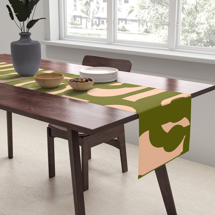 Mid Century Modern Loops Pattern in Deep Olive Green and Blush Peach Pink Table Runner Gallery Image 2