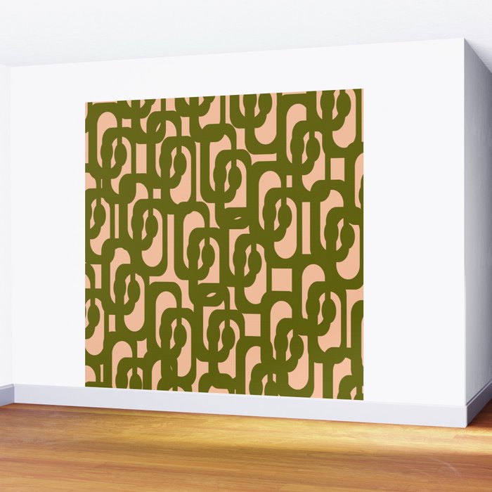 Mid Century Modern Loops Pattern in Deep Olive Green and Blush Peach Pink Wall Mural Gallery Image 2