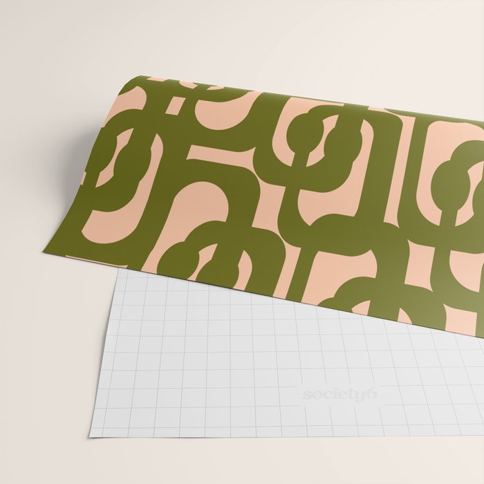 Mid Century Modern Loops Pattern in Deep Olive Green and Blush Peach Pink Wrapping Paper Gallery Image 2