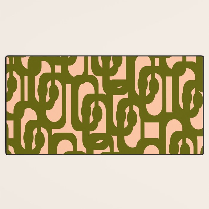 Mid Century Modern Loops Pattern in Deep Olive Green and Blush Peach Pink Desk Mat Gallery Image 3