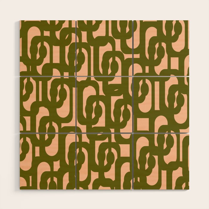 Mid Century Modern Loops Pattern in Deep Olive Green and Blush Peach Pink Wood Wall Art Gallery Image 1