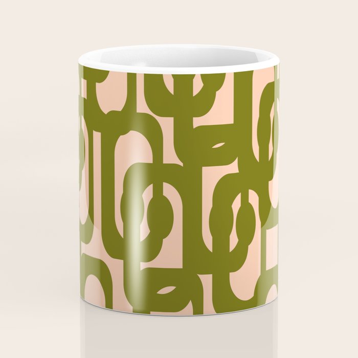 Mid Century Modern Loops Pattern in Deep Olive Green and Blush Peach Pink Coffee Mug Gallery Image 4